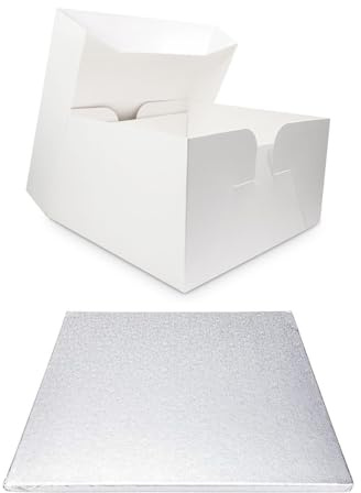 LARRYROO Single White Cake Box and Silver Square Board Pack - Thick Drum for Wedding, Party etc (16 Inches)