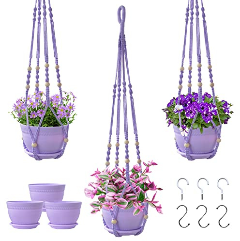 Checrxy Växthängare i makramé med kruka, 3 set hängande planterare för inomhusväxter, handgjort bomullsrep boho heminredning, idégåva för vem som helst, inkluderar växthållare, krukor, tallrikar och
