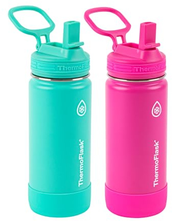 ThermoFlask Kids 16 oz Insulated Water Bottles with Straw Lid BPA-Free Stainless Steel Leakproof & Spill-Proof Design Easy Clean Wide Mouth 2-Pack for School, Sports, Playdates, Aquamarine/Storm Pink