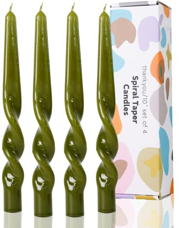 LPUSA Olive Green Spiral Taper Candles Handmade Twisted Candle Conical Stick Candles for Holiday Wedding Party Wax Unscented Dinner Candle Dripless,Christmas Gift H 10 Inch, 4pcs（Olive Green）