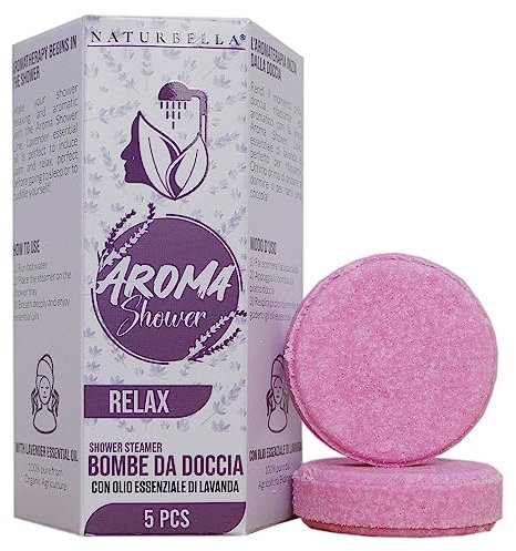 Naturbella® Aroma Shower Relax Lavanda – 5pz Bombe Doccia con Oli Essenziali Bio ed Olio Essenziale alla Lavanda 100% Naturale Bio, 100% Artigianale - Made in Italy