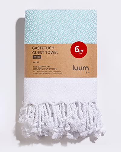 Luum® 6er Set Hamam Gästehandtücher, Deko Handtücher, Seiftuch, Waschlappen, Stoffservietten, Putzlappen, 100% Baumwolle schnelltrocknend fusselfrei Mint 33x33 Geschenkset Geschenke für Frauen