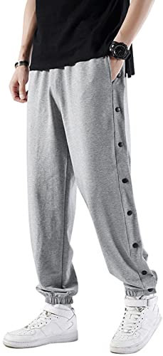 Mdrcg Herren Hosen Mit Seitlichen Knöpfen Streifen Knöpfe, Casual Loose Basketball Trainingshose,Grau,L