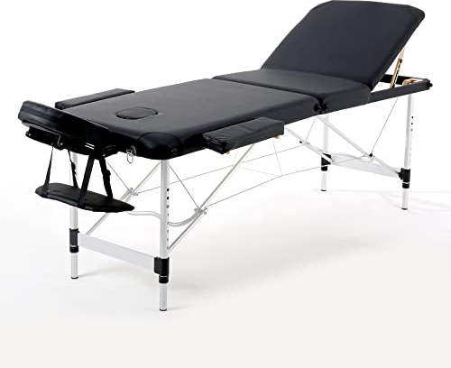 Panana Portable Foldable Massage Bed Aluminum Frame 3 Sections Professional Spa Table (Black)