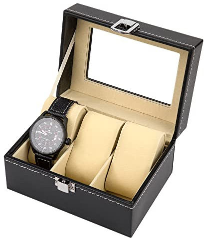 MengH-SHOP Caja de Relojes para 3 Relojes Estuche de Relojes de Cuero PU Relojero con Tapa de Cristal y Alfombrilla Extraíble para Guardar Relojes y Joyas
