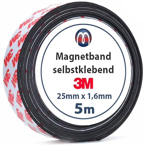 Magnetisk tejp, magnettejp, självhäftande 1,6 mm x 25 mm x 5 m, starkt 3M-lim på baksidan, optimal vidhäftningsförmåga – 5 m rulle