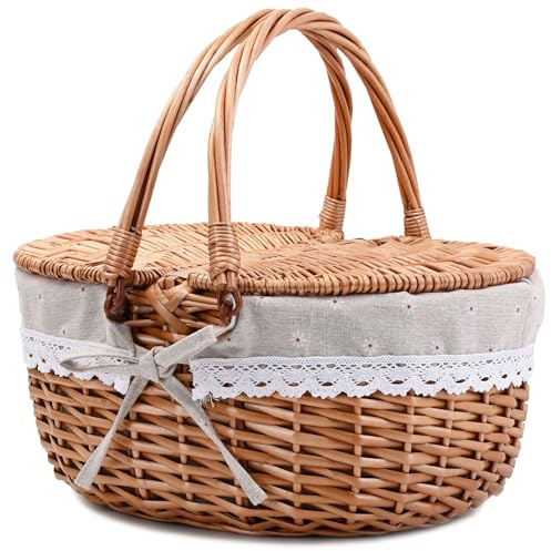 Wicker Picnic Basket with Lid and Handle Sturdy Woven Body with Washable Lining,Little Flowers