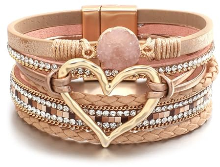 Mezrkuwr glänzende Herz-Leder-Wickelarmbänder, stapelbare Boho-Manschettenarmbänder, trendige Harzstein-Strass-Armbänder für Frauen, Geschenke für Damen, Schmuck