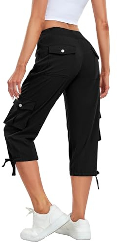 QIXING Cropped Cargo 3/4 Trousers Lightweight Quick Dry Hiking Casual Outdoor Travel Capri Pants with 6 Pockets(01 Black, XL)