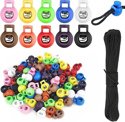 MirraSwit 100 Piezas Color Topes de Cordón Redondo+15m Cuerda, Círculo de Color Cerradura de Cordón, Cierre De Cordón para Ropa, Zapatos, Pantalones, Mochila, Bolsa con Cordón, Tiendas de Camping