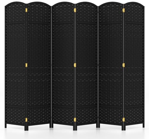CASART 6-Panel Room Divider, Hand Made Folding Privacy Screen with Solid Wood Frame, 240 x 170cm Free Standing Partition Screens for Bedroom Living Room Office (Black)