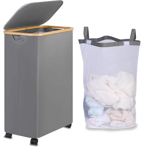 iEGrow Cesto Ropa Sucia 110l con Tapa, Cesto Ropa Grande con Ruedas y Mango de Bambú, Laundry Basket con Bolsa Interior Extraíble y Lavable para la Sala de Lavandería Baño de Dormitorio (Gris)