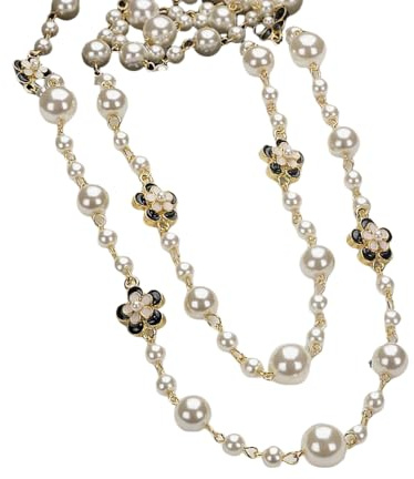 Niaspi Collana lunga con ciondolo a forma di fiore di perle per donne e ragazze retrò delicata collana di perle finte a strati smalto nero ciliegio camelia fiore catena maglione catena vita catena