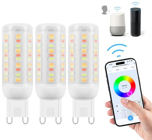 Wi-Fi RGBCW Smart G9 LED Lampen,AC 230V Kompatibel mit Alexa /Google Home,Mehrfarbrige dimmbare,2700K-6500K,4W,400LM,Helligkeit einstellbar1%-100%,mit Musiksynchronisation LED Glühbirne,3er Pack