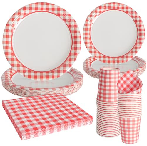 Vajilla de Fiesta a Cuadros Rojos y Blancos - 96 Unidades, Platos de Papel Desechables, Servilletas, Juego Dulce para Cumpleaños