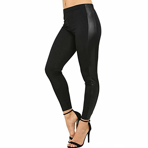FASHIONISM Womens Plain Wet Look Side Panel PVC Leggings Ladies Stretchy High Waist Faux Leather Side Panel Party Wear Pants Black