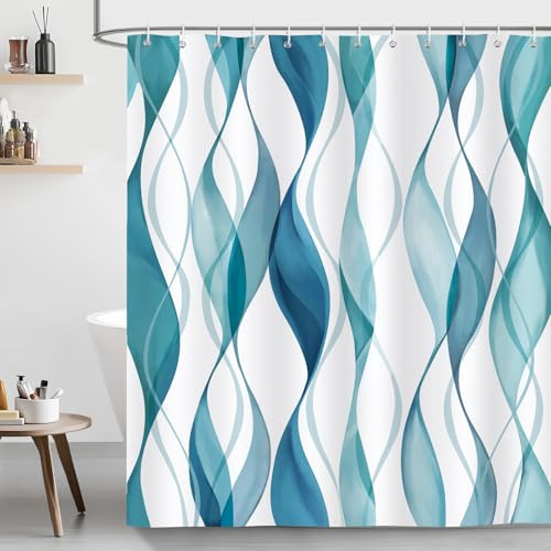 Bonhause Duschvorhang Blau Grün Gestreift Modern Geometrisch Abstrakt Duschvorhänge 180 x 200 cm Anti-Schimmel Wasserdicht Polyester Stoff Waschbar Bad Vorhäng für Badzimmer mit 12 Haken