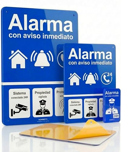 HOMMETTI Set 3 Cartel Alarma y Pegatina Alarma con Adhesivo Exterior/Interior | Placa Alarma Compatible con Cualquier Sistema | Mayor Seguridad en Casa/Negocio | Resistencia Agua y Sol | Sin Taladro