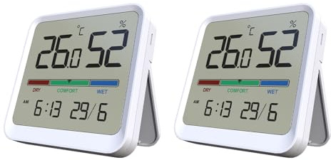Temtop Termómetro higrómetro interior de 2 unidades, medidor de humedad de temperatura precisa con indicador de fecha y hora, ± 1 °C ± 5% RH de precisión, -10 °C ~ 50 °C / 10% ~ 95% RH rango para