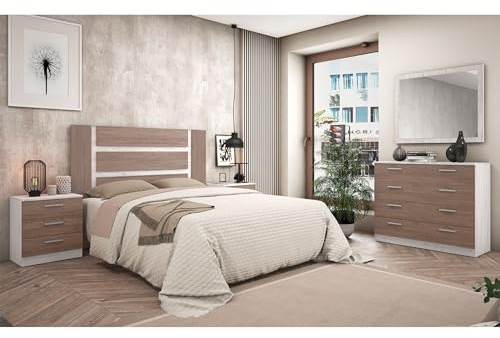 Meyvaser.com Ecommerce Company Conjunto Dormitorio Completo – Cabecero con Patas 160 cm + 2 Mesitas de Noche 3 Cajones + Cómoda 4 Cajones, Color Andersen/Gris, Estilo Moderno