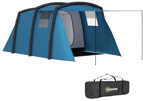 Outsunny Tente de Camping Gonflable Tente Gonflable Tunnel 3 à 6 Personnes avec Chambre à Coucher, Salon et Porche Pompe à Air Sac de Transport Inclus Montage Rapide 420 x 200 x 150 cm Bleu