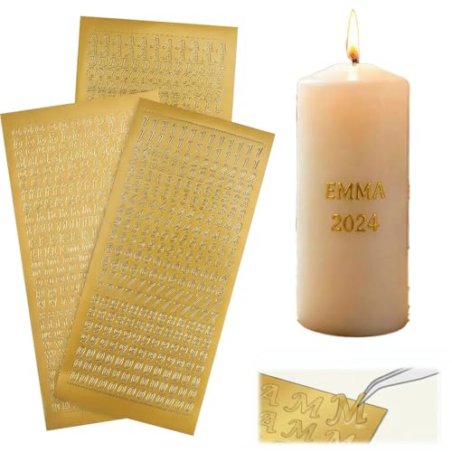 KIMHOME 3 platos de cera para velas, calcomanías de letras doradas y plateadas con pinzas para decoración de velas de bautizo y comunión