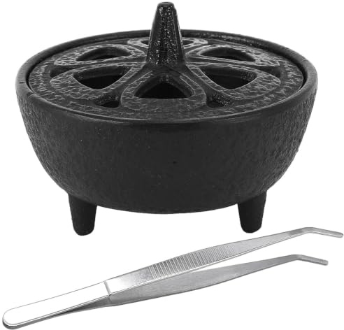 Incensario de Hierro Fundido, Quemador de Incienso con Tapa de Flor de Loto, Soporte Incienso Incluye Pinzas Curvas, Contenedor de Aromaterapia, Inciensario para Incienso y Decoración, Negro