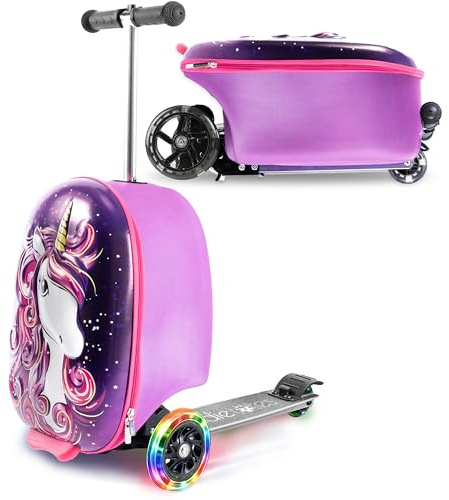KIDDIETOTES Ride-On Scooter Suitcase for Kids – Hardside Lightweight Carry-On Luggage with Foldable Scooter, LED Wheels, Travel Fun for Toddlers & Children
