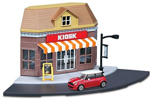 Bburago City Kiosk Set: Spielzeuggebäude, inklusive Zubehör und 1 Spielzeugauto (18-31506)