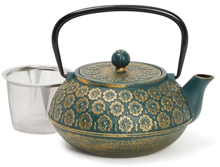 Teiera in Ghisa Verde con Motivo Floreale con Infusore a Foglie Sfuse in Acciaio, 1 Litro