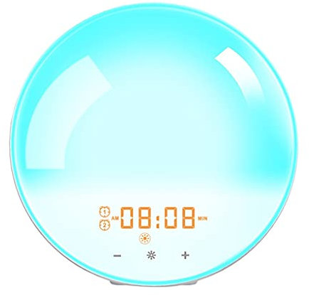JDKC- Sveglia All'alba, Wake Up Light, Radiosveglia Digitale con 4 Allarmi, Snooze/Radio FM / 8 Suoni Naturali / 7 Colori