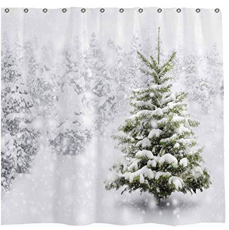 GOOESING Christmas Shower Curtain Set with 12 Hooks Natural Winter Forest Snowflake Snowfall Bathroom Curtain Durable Waterproof Fabric Bathtub Sets Home Decor