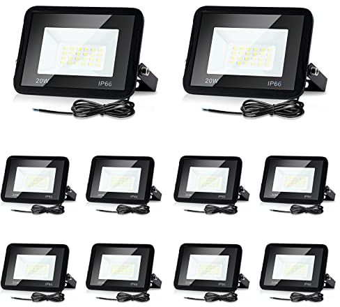 Lospitch 10X 20W LED Strahler Außen, Superhell 1700LM LED Fluter, IP66 Wasserdicht Flutlicht Außenstrahler, Aussen Scheiwerfer 6000K Kaltweiß, Flutlichtstrahler für Hof Garage Sportplatz Garten