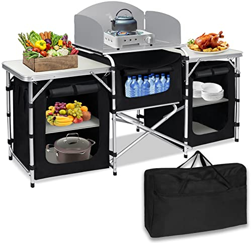 Froadp 174x46x110cm Faltbar Camping Schränke Mobile Campingküche Schrank mit MDF Tischplatte & Tragetasche Mobile Gartenküche Grilltisch Außenküche für BBQ Reisen Camping Garten Balkon (Type A)