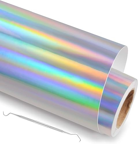 NCRGB Vinile Termoadesivo per Tessut,Pellicola per Plotter in Vinile a Trasferimento Termico,Facile da Tagliare e Sarchiare,Vinile Adesivo per T-Shirt (Argento olografico, 30.5×200 cm)