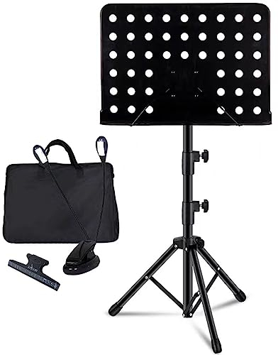 Notenständer Klappbar Stabil Notenpult Buchständer Schwarz Orchesterpult mit Notenklammer und Licht und Tragetasche für Kinder und Erwachsene, Höhenverstellbar von 75cm bis160cm