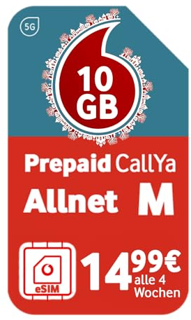 Vodafone Prepaid CallYa M eSIM | 60 GB | 15 EUR Startguthaben | 5 GB gratis im Roaming-Special | ohne Vertrag | 5G-Netz | Telefon- SMS-Flat | EU-Roaming