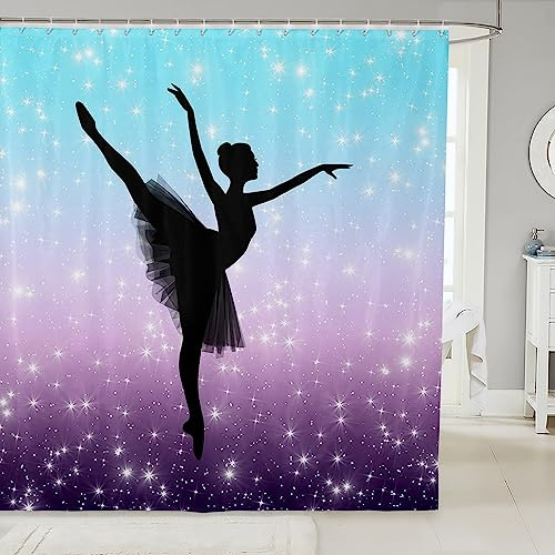 Ballet Decor Bath Curtain Twin Size, Teal Purple Gradient Shower Curtain Dancing Ballerina Fabric Shower Curtain Space Star Glitter Bathroom Shower Curtain Sets 72 W X 72 L, Ballet Gifts For Girls