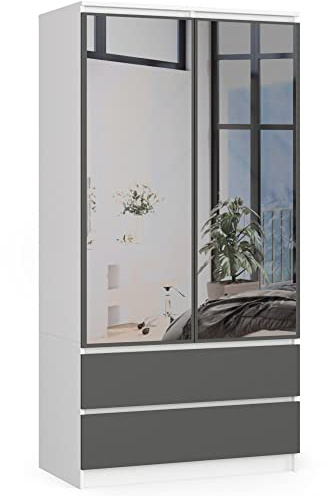 AKORD | Armadio con Specchio S | 90 cm Due Ante | 2 Cassetti con ripiani e Asta Appendiabiti | Mobiletto Cameretta Camera da Letto | Guardaroba | Pannello in laminato 16 mm | Bianco/Grigio Grafite