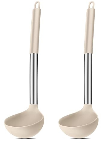 Soppslev, Joyfair 2-delad silikon slev set, värmebeständig slev med handtag av rostfritt stål, 30 cm stor såssked för matlagning/omrörning/servering, hälsosam och non-stick – khaki