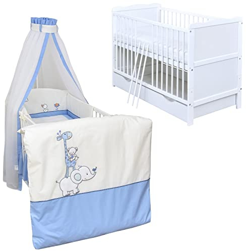 Generisch Baby Delux Babybett Komplett Set Kinderbett 60x120 cm umbaubar zum Juniorbett weiß Schublade Max Bettset Matratze (Zirkus blau)
