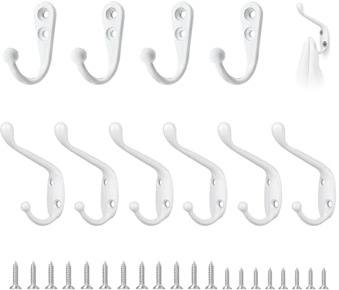 JRJRN 10 Stück Haken Garderobe, Doppelzinken-Kleiderhaken mit Schraubenlänge, Kleiderhaken Garderobe, Haken Zum Schrauben Weiß für Büro, Schlafzimmer