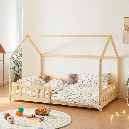 [en.casa] Cama para Niños Hesel Decorativa Cama Infantil con Somier y Barandilla Estructura en Forma de Casa Estilo Montessori Madera de Pino 140 x 200 cm - Efecto Madera