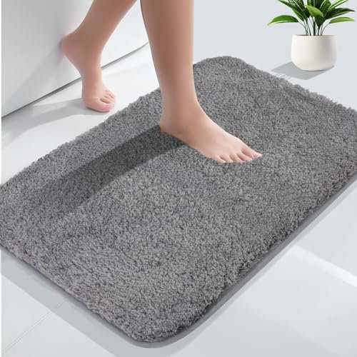 AUAUY Badezimmerteppich rutschfest Waschbar Badematte, Fluffy Bathroom Rug, Hochflor Badteppich Mikrofaser Saugfähig Badvorleger, Bettvorleger Duschvorleger Fussmatte für Wohnzimmer 40 x 60 cm Grau