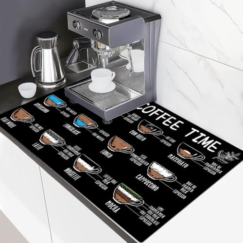 ORIGACH Tapete de secado de platos de café, tapete absorbente para encimera, cafetera, cocina, comedor, encimera, accesorios de cafetería, patrón de menú de café, 30 x 50 cm