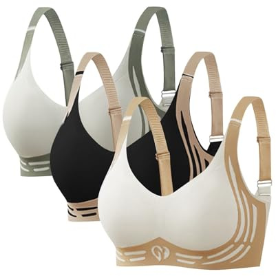Bras for Women Non Wired 3 Pack Lifting Anti-Sagging Bra for Older Women Super Gather Wireless Push-Up Bras Comfortable Full Coverage Ladies V Neck Padded Non Wired Seamless T Shirt Sports Bralettes