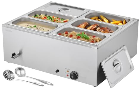 VEVOR 1 500 W elektrisk ångvärmare, värmebricka i rostfritt stål, vattenbad med 6 lådor med 1/3, lock och soppbrickor och perforerade, för servering av buffé i självbetjäning
