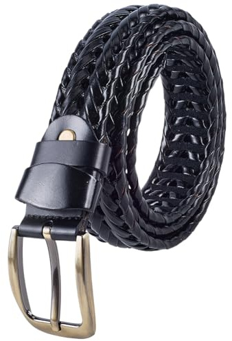 CALFOVERA Cinturón Trenzado de Cuero Genuino para Hombre, 3.45cm de Ancho, Ajustable, Informal, de Piel de Vaca, con Hebilla de Una Sola Punta, para Vaqueros, Pantalones de Vestir (Negro)