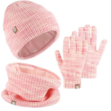 AWAVM Lot de 3 bonnets, écharpes et gants d'hiver chauds en tricot thermique pour enfants de 5 à 12 ans-Moufles tactiles-Doublure en polaire douce-Élastique-Sports (Mélange rose)