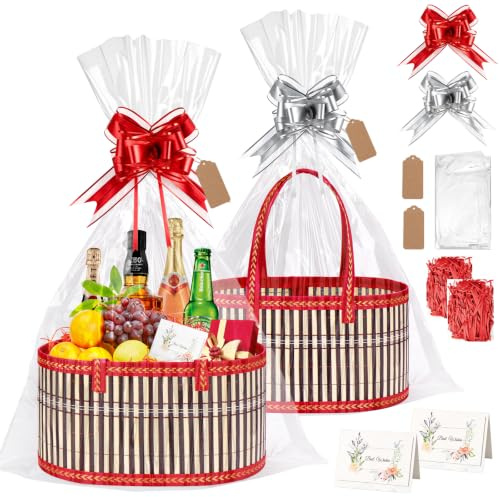 Kkluno set om 2 35 cm tomma bambupresentkorgar stabila stora presentkorgar | Röd flätad korg med handtag rosett presentfolie gratulationskort för födelsedag, bröllop, babyparty, tacksägelse, jul